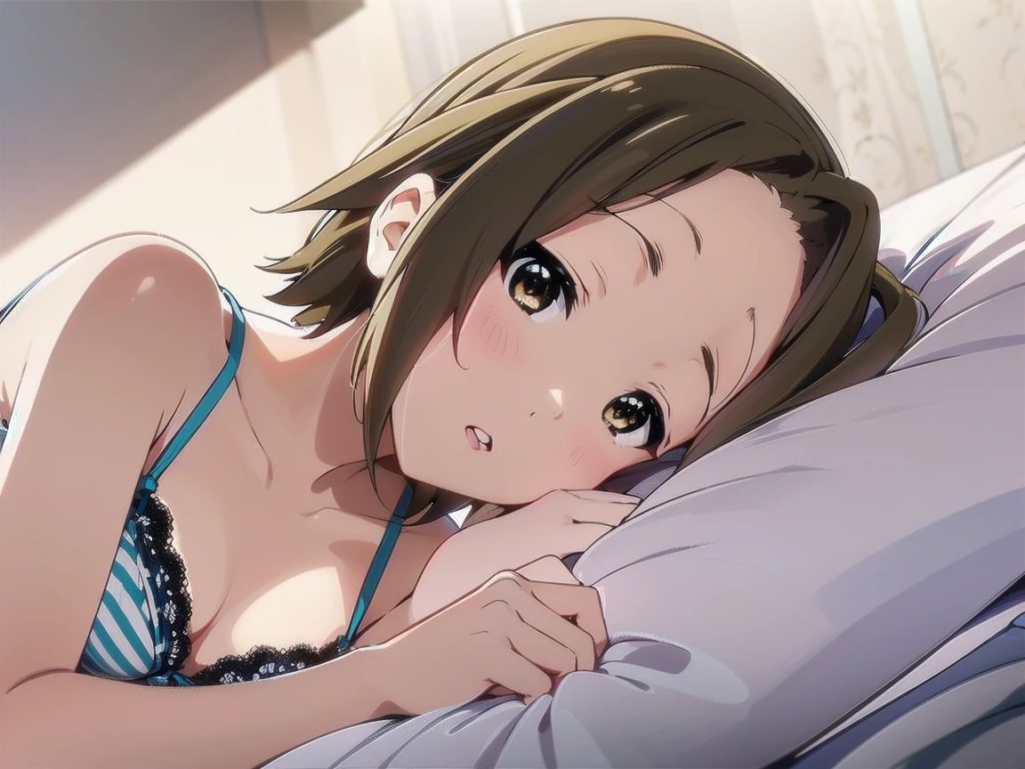 Ritsu Tainaka,Ricchan,  charm lips  ,  white skin,  lace bra and panties, relaxed vibe  , medium body,  bedroom bed , lying on your back 