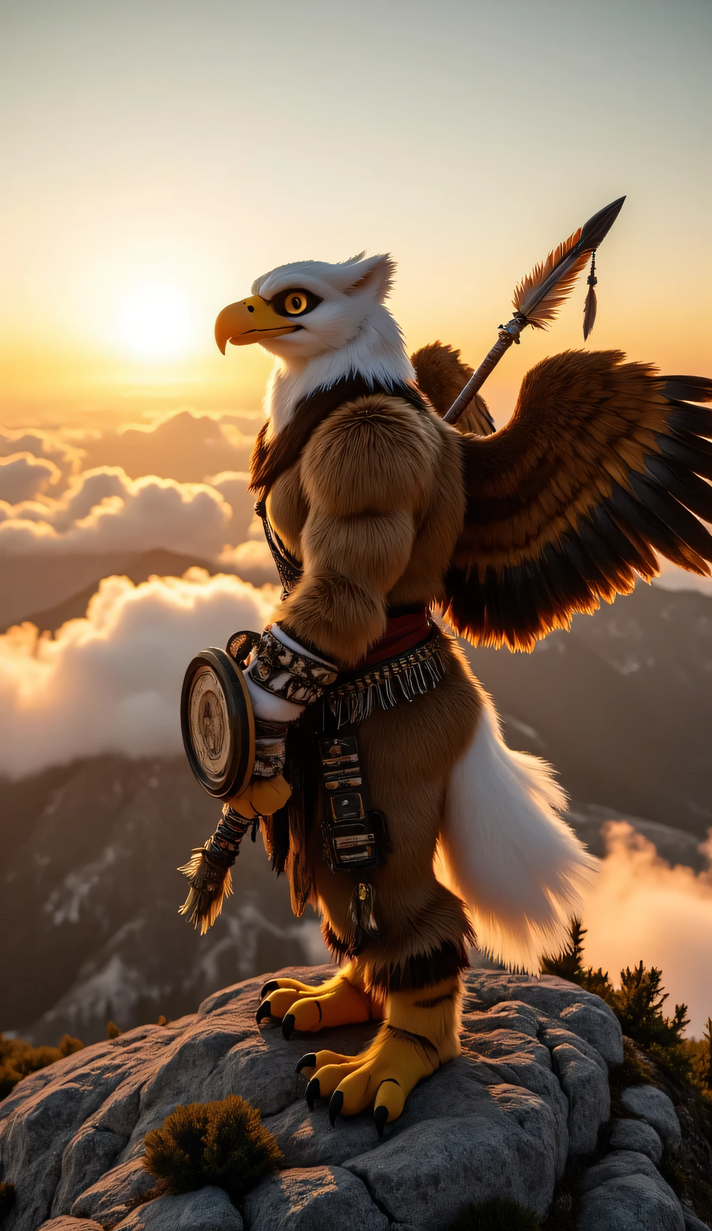 "Anthropomorphic eagle male, muscular and adult, with a majestic white-feathered head and golden-brown feathers covering his body. His eyes are sharp and piercing, exuding wisdom and strength. He wears ancient warrior armor inspired by Native American and Aztec designs, featuring ornate leather, feathers, and gold accents. He carries a ceremonial spear adorned with feathers and a circular shield with intricate carvings.  

Background: a high mountain peak, surrounded by rolling clouds and the golden glow of the rising sun. The eagle stands with his wings partially spread, gazing over the vast landscape, a symbol of freedom and power.  

Style: hyperrealistic 3D, cinematic realism, rendered in Ultra HD 8K. The scene captures the detailed textures of feathers, armor, and the majestic atmosphere of the mountain setting."