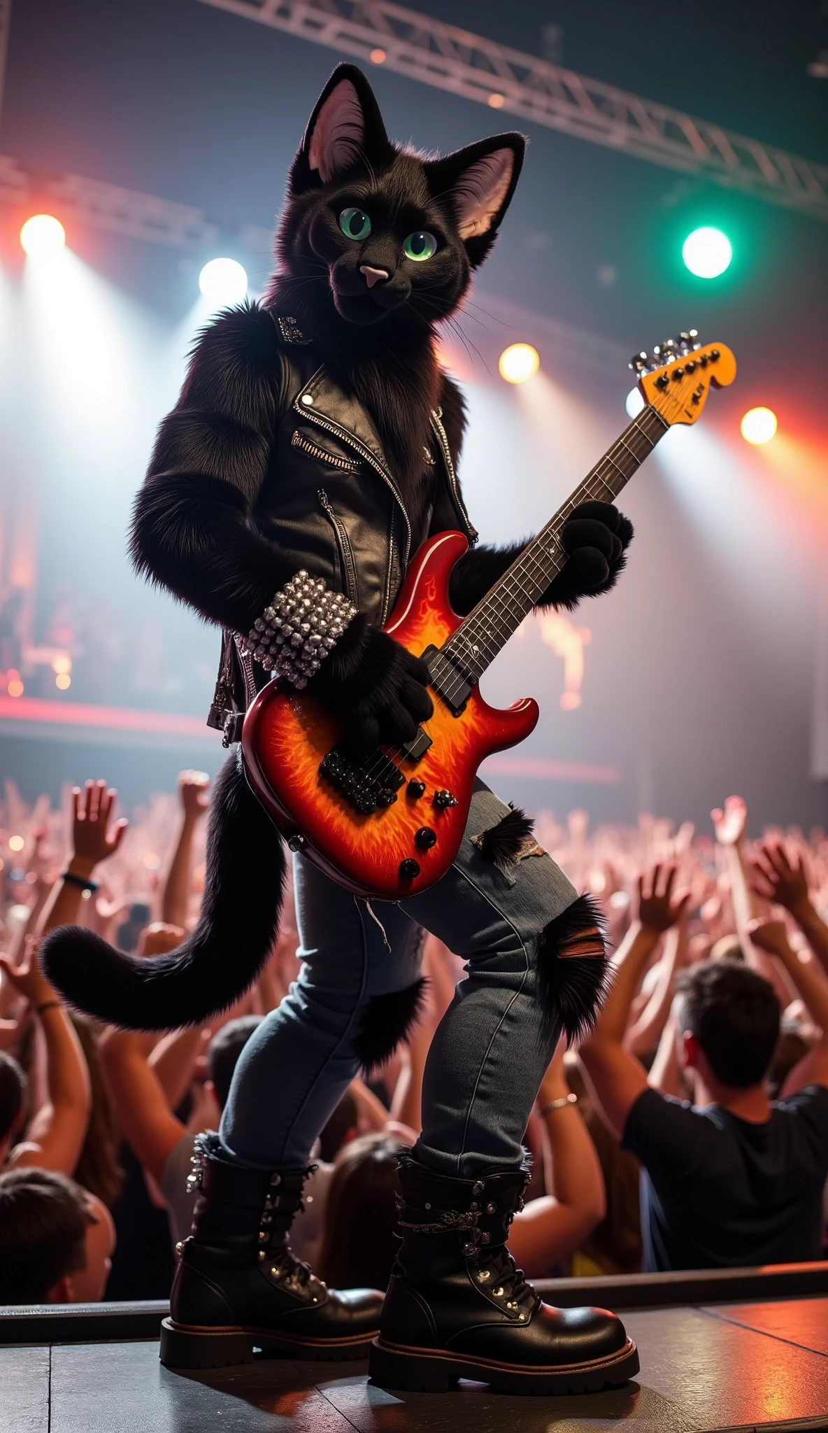 "Anthropomorphic cat male, muscular and adult, with sleek black fur and emerald green eyes. He is dressed in edgy rockstar attire: a leather jacket covered in spikes, ripped jeans, and heavy boots. He holds an electric guitar with a flame design, striking a dramatic pose on stage. His tail flicks confidently as he plays a power chord.  

Background: a vibrant concert stage with bright lights, a cheering crowd, and fog machines adding drama to the scene. The cat’s energy is electrifying, with sparks flying from the guitar and the stage lights reflecting off his shiny fur.  

Style: ultra-detailed 3D, cinematic realism, hyperrealistic rendering in Ultra HD 8K. The scene emphasizes the excitement and energy of a live rock concert, with dynamic lighting, intricate details on the outfit, and the lifelike appearance of the character."