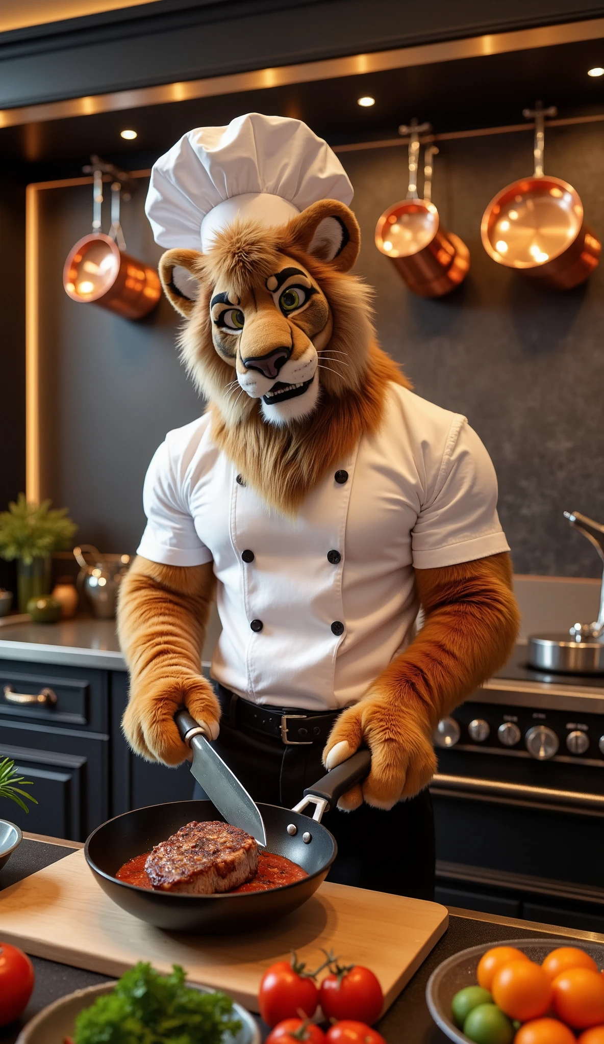 "Anthropomorphic lion male, muscular and adult, with a rich golden mane and confident, warm eyes. He is wearing a professional chef's uniform: a white jacket, black pants, and a chef’s hat. His muscular arms are visible as he prepares a dish in a high-end kitchen. He wields a large knife in one hand and a frying pan in the other, with a perfectly cooked steak sizzling in the pan.  

Background: a luxurious kitchen, with polished countertops, hanging copper pans, and vibrant ingredients laid out around him. The lion looks up with a playful grin, as if inviting you to taste his culinary masterpiece.  

Style: ultra-detailed 3D, cinematic realism, hyperrealistic rendering in Ultra HD 8K. The composition focuses on the textures of the lion’s fur, the shine of the kitchenware, and the vibrant colors of the food, creating a deliciously immersive scene."