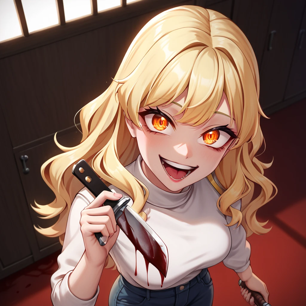 curtain bangs, wavy hair, orange eyes, blonde, pants, 1girl, 4k, hd, room, looking at the viewer, repaired eyes, correct anatomy, natural colors, anime, very closet-up, artgrem, from above, gesugao, evil smile, open mouth, wide open eyes, (glowing eyes:0.5), eye cat, standing, gore, blood, holding a knife