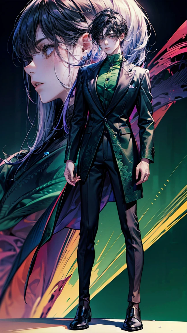 Full-body view, 8K resolution, high detail, around 20 years old, (one male), black hair with purple highlights, green eyes, sci-fi-style outfit, black attire with green accents, ((UHD, masterpiece, super detail, best quality, highres, 8k)), (detailed line art), perfect face, perfect body, perfect hands, perfect feet.