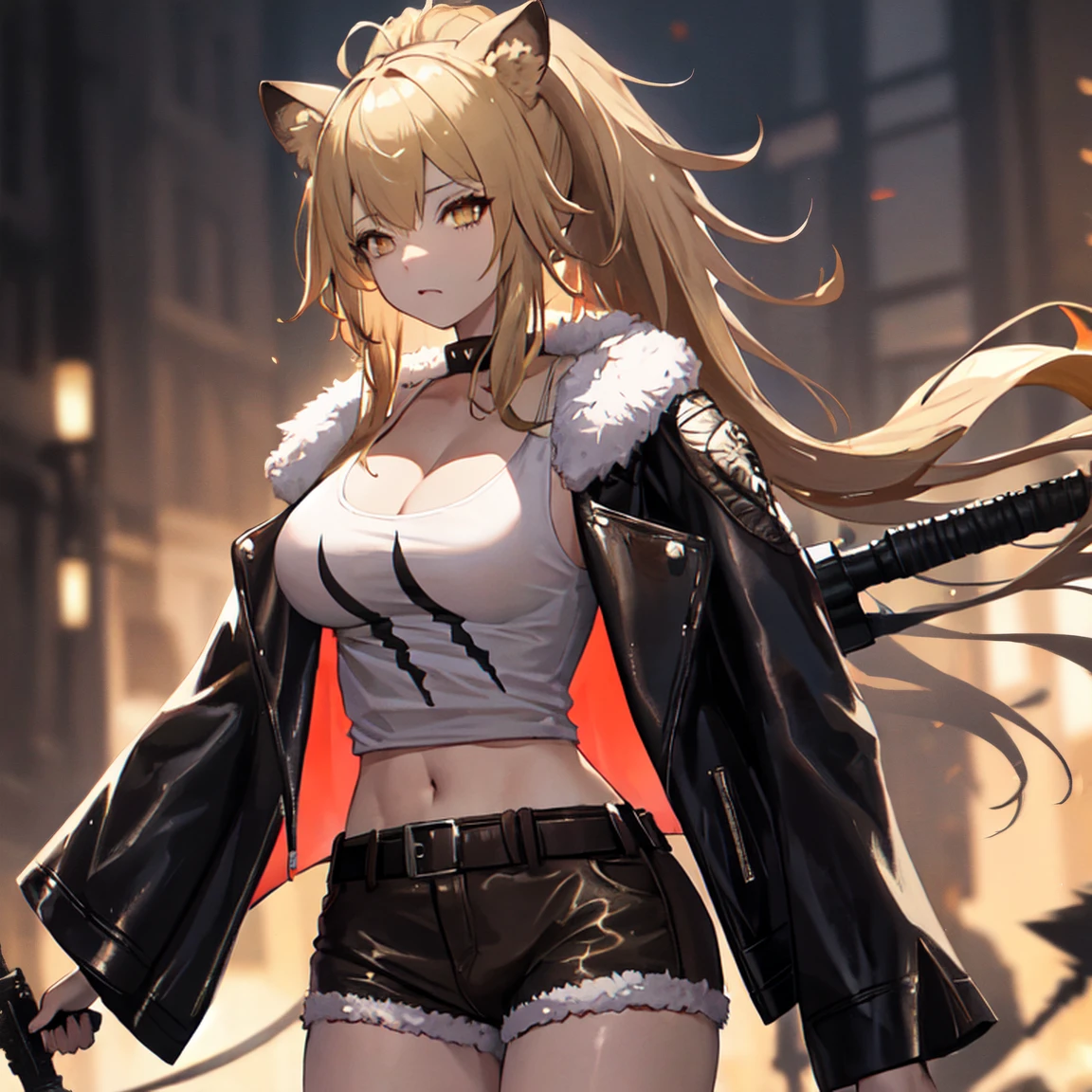 1girl, breasts, siege_(arknights), solo, animal_ears, lion_ears, large_breasts, cleavage, long_hair, choker, blonde_hair, jacket, navel, fur_trim, black_choker, long_sleeves, fur-trimmed_jacket, black_jacket, collarbone, mouth_hold, hair_between_eyes, lollipop, candy, bangs, ponytail, open_fly, zipper, blurry_background, unzipped, food, twitter_username, blurry, yellow_eyes, leather, red_shorts, brown_eyes, belt, midriff, pants, upper_body, stomach, leather_jacket, holdingIt depicts an anime-style character with long blond hair that is partially gathered into a high ponytail. The character has something similar to animal ears on his head. She is wearing a black jacket with a fur collar, under which her cleavage is visible. The character holds a sword hilt in his hand. There is a blurry light in the background, creating an atmosphere.
