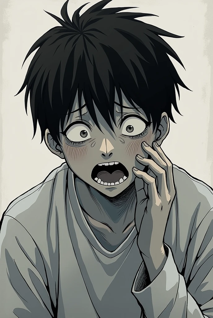 Imagen de un joven con el rostro muy lastimado y con la lengua afuera, ojos claros, sangre, sudor, mano ensangrentada, toalla sucia