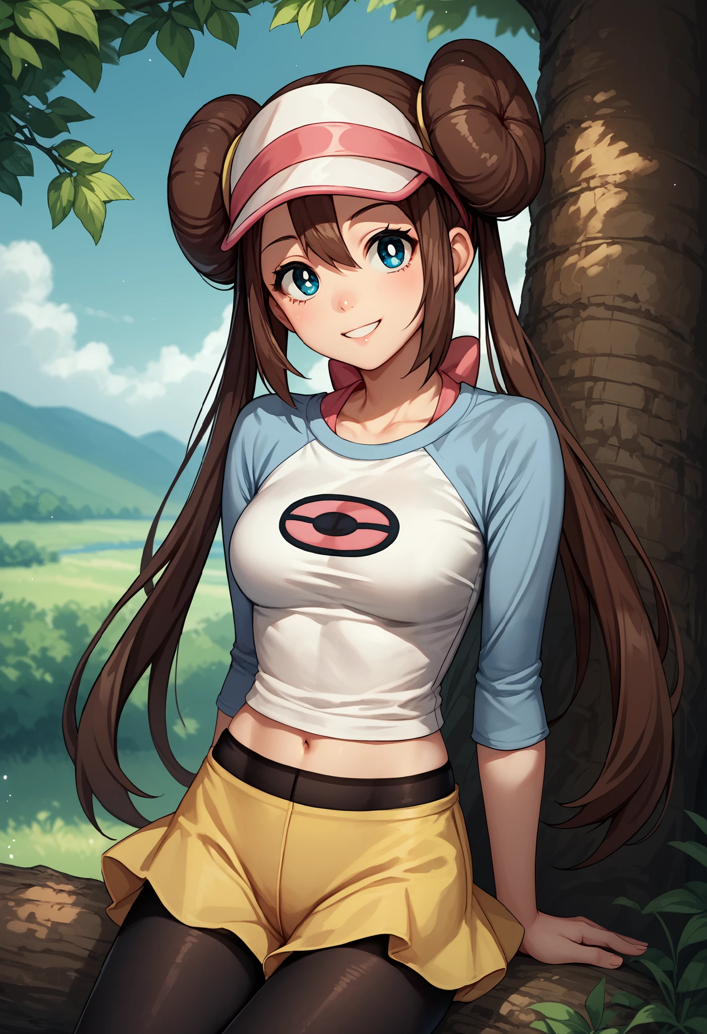 score_9, score_8_up, score_7_up, source_anime, 1girl, solo, outdoors, rosa, navel, sitting on a tree, brown hair, double bun, doughnut hair bun, hair bun, blue eyes, hair between eyes, twintails, pantyhose, pantyhose under shorts, raglan sleeves, skirt, yellow skirt, white shirt, blue sleeves, long sleeves, visor cap, smile, looking at viewer, cowboy shot,