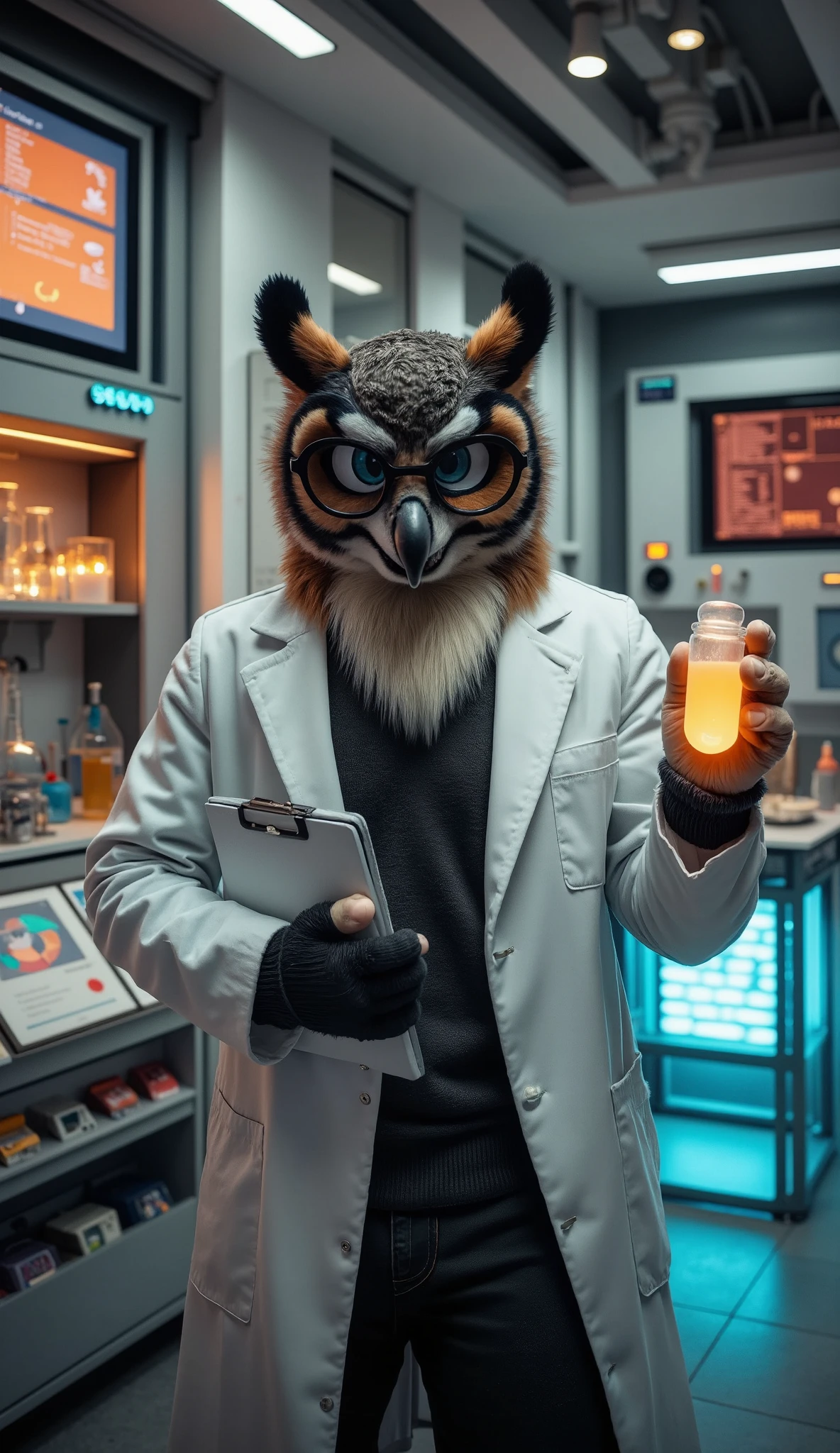 "Anthropomorphic owl male, muscular and adult, with soft brown feathers and large, intelligent eyes behind a pair of round glasses. He is dressed in a sleek lab coat over a fitted turtleneck, holding a glowing test tube in one hand and a clipboard in the other. His posture exudes wisdom and curiosity, with his wings tucked neatly at his sides.  

Background: a futuristic laboratory filled with high-tech equipment, holographic displays, and glowing chemicals. The owl stands at a workstation, analyzing data with a thoughtful expression, the glow of his experiments reflecting off his feathers.  

Style: ultra-detailed 3D, cinematic realism, hyperrealistic rendering in Ultra HD 8K. The scene emphasizes the owl’s intellect and the advanced technology around him, with intricate details on the lab coat, feathers, and the futuristic equipment."