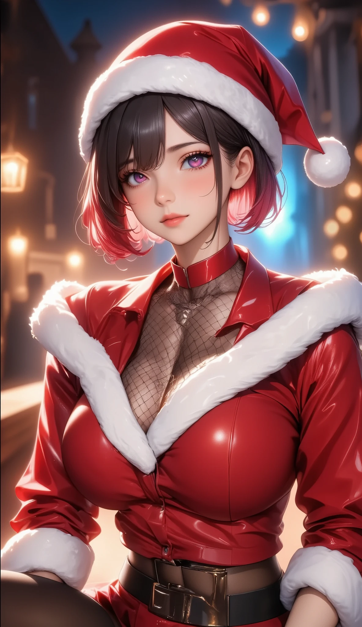 a sexy santa girl, sensual expression, seductive pose, beautiful detailed eyes, beautiful detailed lips, extremely detailed face, long eyelashes, detailed intricate clothing, christmas theme, warm lighting, vibrant colors, photorealistic, 8k, highres, (best quality:1.2), (realistic:1.37)