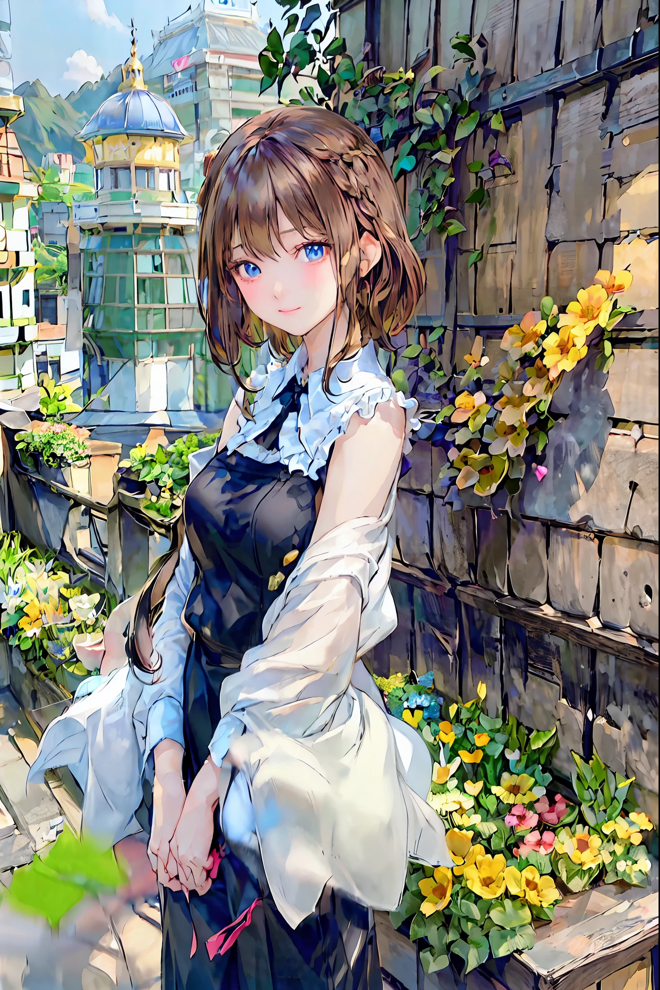 (( masterpiece )), (black clothes), (( top quality)), ( Photos from the past 100 years :1.2), ( high definition :1.3), ( Professional photos of all the places where flowers bloom :1.2), ( Color Difference), mischievous girl , (( cute girl)), (Serious), audience , Plain Shirt, Bedhead, Curly Hair, ( SMALL WAIST PANTS ), ((Take off your work pants)), , ( small breasts), Cute waist, — Outdoors , ((Top of the big bell tower)),International Travel,Brown suitcase, The sun shines on a bright summer day , 丘の頂 the above見下ろす女の子 , the wind is blowing ,Tower of Pisa,tourist spot, ANCIENT CITY ,sunlight ,Highland,holy place,Multiple Churches, Brown Hair , shortcut , hair is unkempt , short braided hair ,Neat, slender beauty、Positive Attitude, small breasts, the above , Her charming gray-blue eyes shine like stars , bright color, beautiful eyes ,A delicate smile, Her enchanting gray-blue eyes shine like stars , top quality, Gentle beautiful woman , Anime Style 、(( from below:1.2)),