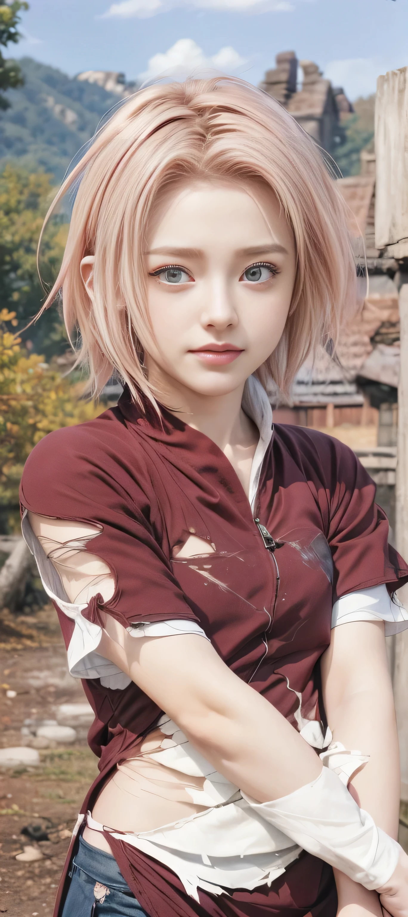 masterpiece, best quality, (realistic,photo-realistic:1.4), (RAW photo:1.2), extremely detailed CG unity 8k wallpaper, delicate and beautiful, amazing, finely detail,official art, absurdres, incredibly absurdres, huge filesize, ultra-detailed, extremely detailed, extremely detailkcaled girl,extremely detailed eyes and face, light on face,little smiles,(short hair:1.7),(pink hair:1.3),(nature background:1.4),haruno sakura,(white shirt:1.5),(teen girl:1.3),(torn clothes:1.5),cliff