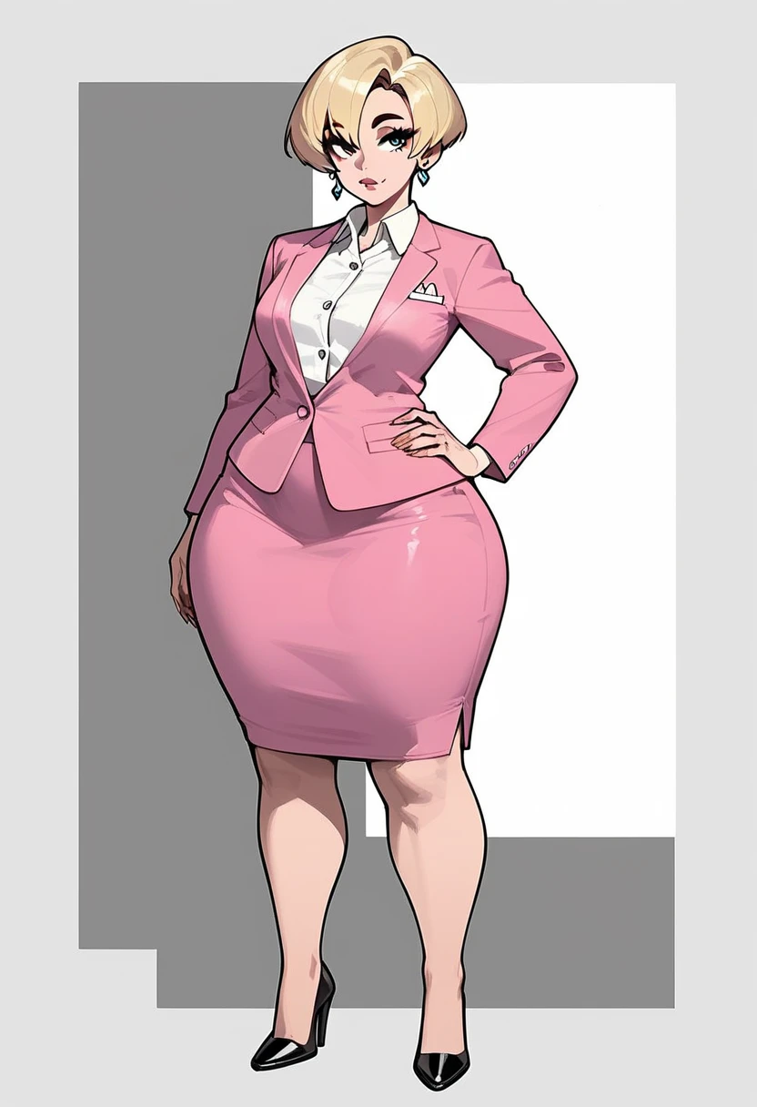 (score_9,score_8_up,score_7_up) 1lady, solo, mature female, adult woman, very short hair, round face, petite, blonde hair, pixie cut hairstyle, white button up shirt,  pink blazer, tight long pencil skirt, very long skirt, long pink pencil skirt, half lidded eyes, hand on hip, blank expression, pale, thick thighs, black stiletto high heels, wide hips, standing upright, full body shown, medium breasts,  thick legs, massive thighs, older woman, hourglass bodyfigure, long fingernails, natural nails