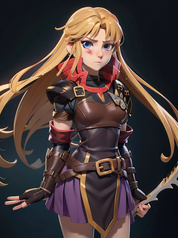 score_9, source_cartoon, 1girl, Clarisse (Fire Emblem), long blonde air, indigo eyes, red top, brown leather chest plate, fingerless gloves, purple skirt, belt, she’s holding a bow in one hand, sheaf wrapped behind her back, sheaf filled with arrows
