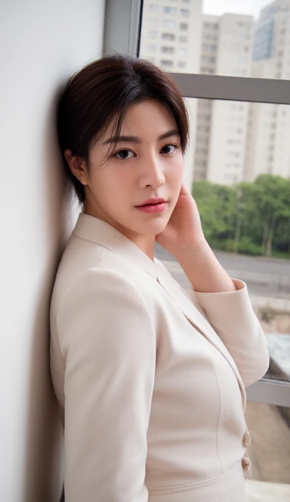 A beautiful Thai woman pose in a train station. Naked body wearing suit jacket, pink lace lingerie. One hand rests on her neck, creating a relaxed yet graceful pose. pixie cut hair, framing her face softly. In the background, tall buildings with windows create a cityscape, slightly blurred to draw attention to her as the main subject. The lighting is natural and soft, giving a gentle, serene feel to the scene, with a warm, homey ambiance that brings focus to her, highlighting both her natural beauty and the refined details of her outfit. Clearly showing her plump white breasts, slender leg. The photo is taken from a high angle.