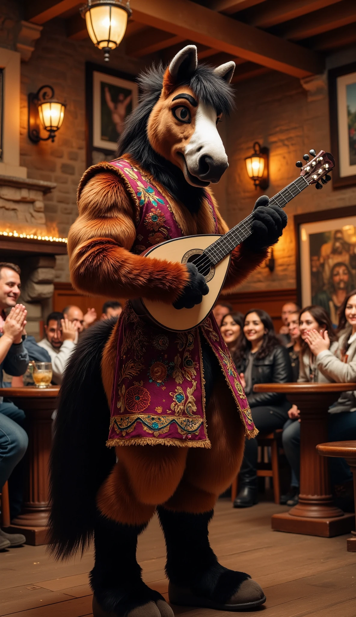 "Anthropomorphic horse male, muscular and adult, with a shiny chestnut coat and a flowing black mane. He wears a colorful bard's outfit: a tunic with embroidered patterns, a feathered cap, and a lute strapped across his back. His confident smile suggests he’s about to tell a legendary tale or sing a ballad.  

Background: a bustling medieval tavern filled with lively patrons, wooden tables, and a roaring fireplace. The horse stands atop a small stage, strumming his lute while the crowd claps along, captivated by his charisma and talent.  

Style: hyperrealistic 3D, cinematic realism, rendered in Ultra HD 8K. The vibrant colors of his outfit, the texture of his fur, and the warm, rustic details of the tavern create an inviting and lively scene."