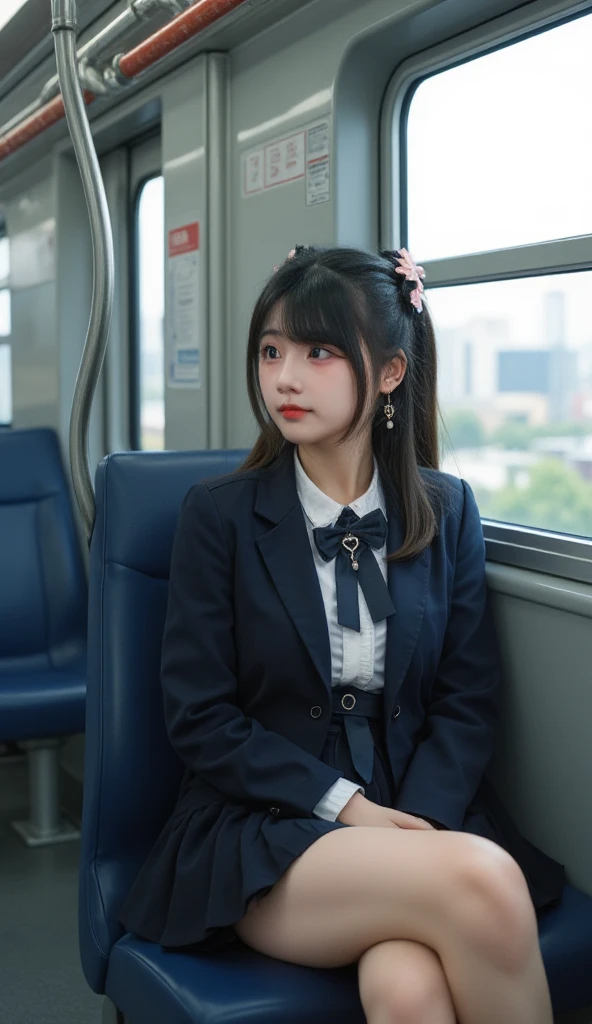 A hyper-realistic, photorealistic depiction of a Japanese high school girl sitting on a train seat. She is wearing a traditional school uniform, including a navy-blue blazer, white shirt, pleated skirt, and a neatly tied ribbon or bow. Her black hair is styled simply, and she looks out of the window with a thoughtful expression. Her thighs are prominently visible, appearing fair, smooth, and slightly emphasized with realistic lighting and texture. The train interior is modern and clean, with metal handrails, overhead advertisements, and soft natural lighting that creates a realistic and authentic atmosphere. The background shows faint glimpses of an urban cityscape through the window, with buildings and trees blurred by motion.