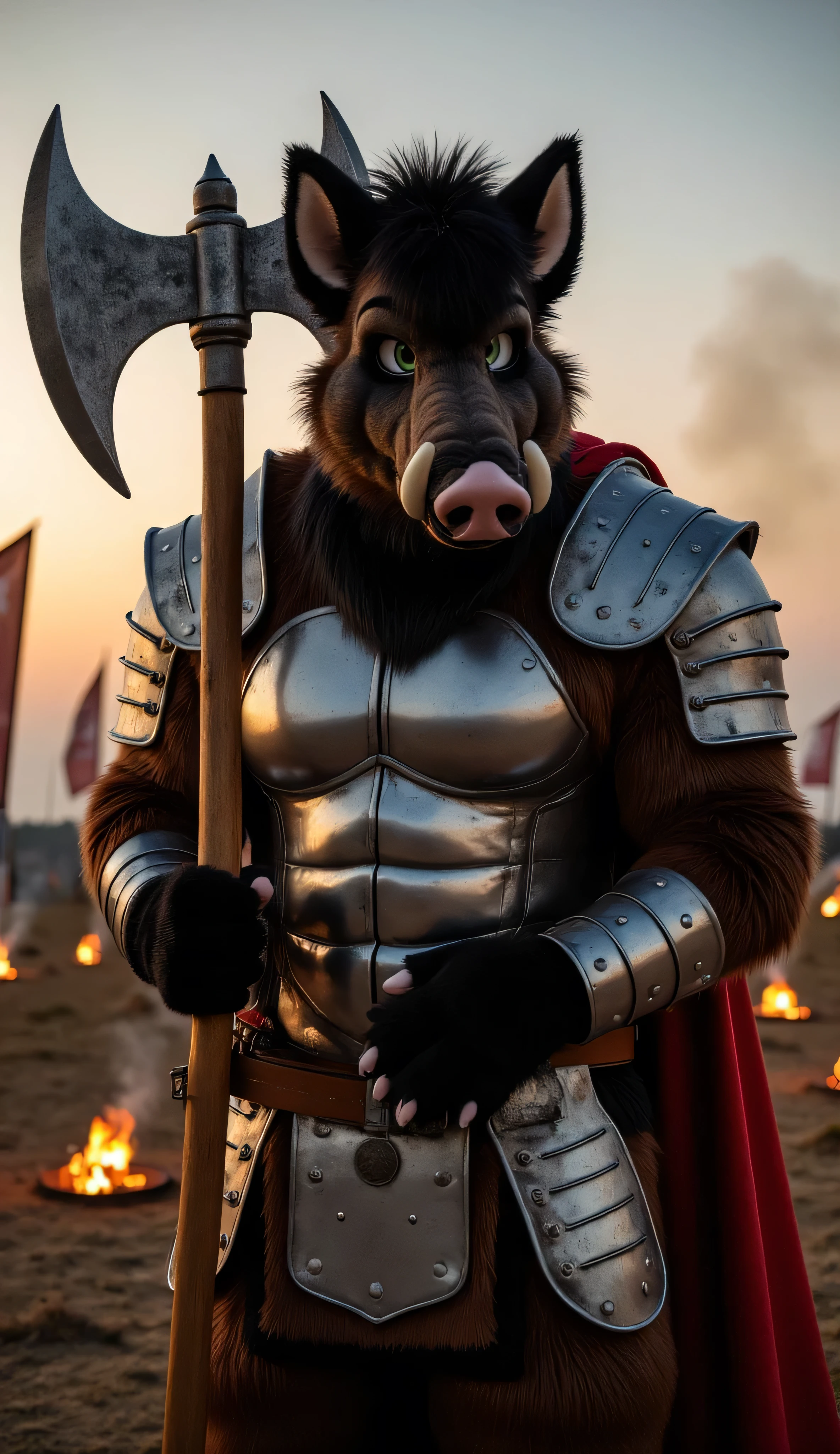 "Anthropomorphic boar male, muscular and adult, with dark brown bristly fur and sharp tusks. He is clad in heavy, battle-worn plate armor, with dents and scratches that tell the story of countless battles. A crimson cape flows behind him, and he wields a massive double-headed axe, resting it on his broad shoulder.  

Background: a medieval battlefield at dusk, with smoke rising from scattered fires, broken banners flapping in the wind, and the faint sound of a distant horn. The boar stands at the forefront, his imposing figure casting a long shadow over the field, ready to charge into battle.  

Style: hyperrealistic 3D, cinematic realism, rendered in Ultra HD 8K. The armor's metallic texture is detailed, reflecting the fiery glow of the battlefield, while the boar’s bristled fur adds a rugged realism."