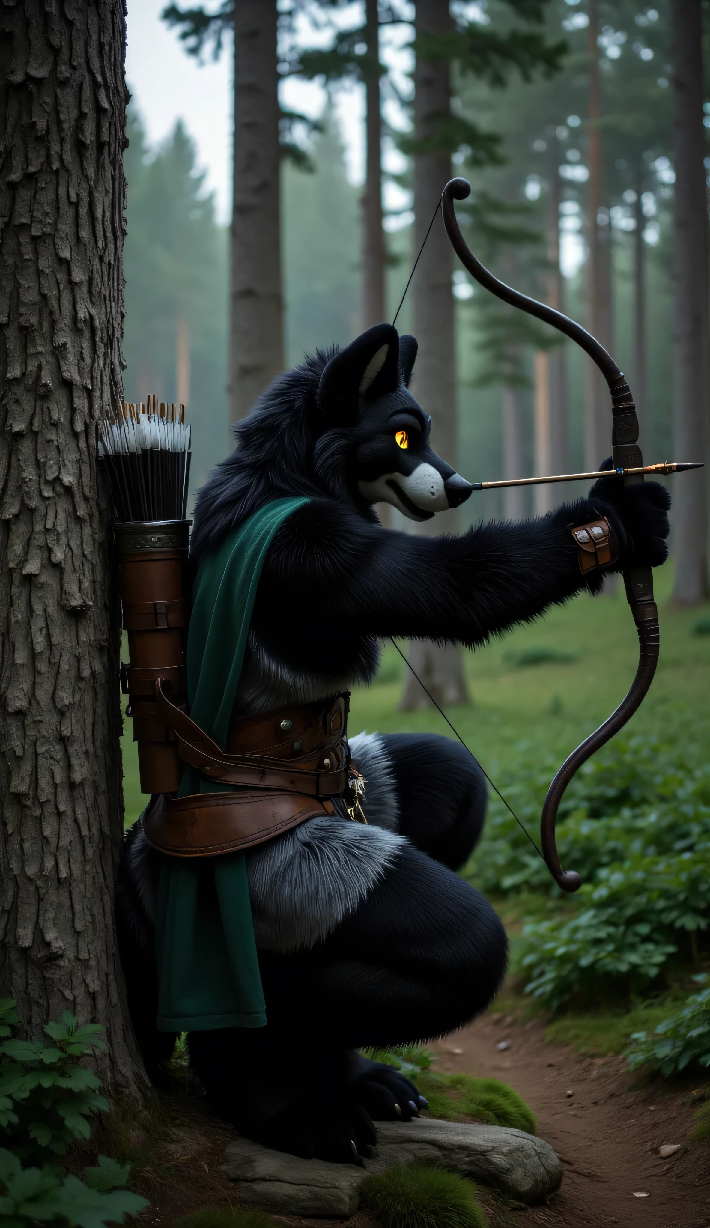 "Anthropomorphic wolf male, muscular and adult, with sleek black fur and glowing yellow eyes. He wears a hunter’s outfit: a green cloak, a quiver full of arrows on his back, and leather armor that fits snugly over his powerful frame. In his hands, he holds a finely crafted longbow, aiming at an unseen target with perfect precision.  

Background: a dense medieval forest bathed in moonlight, with the faint sound of rustling leaves and distant howls. The wolf crouches behind a tree, blending into the shadows, his piercing gaze locked onto his prey.  

Style: ultra-detailed 3D, cinematic realism, hyperrealistic rendering in Ultra HD 8K. The scene captures the ethereal beauty of the forest, the texture of the wolf’s fur, and the tension of the hunt."