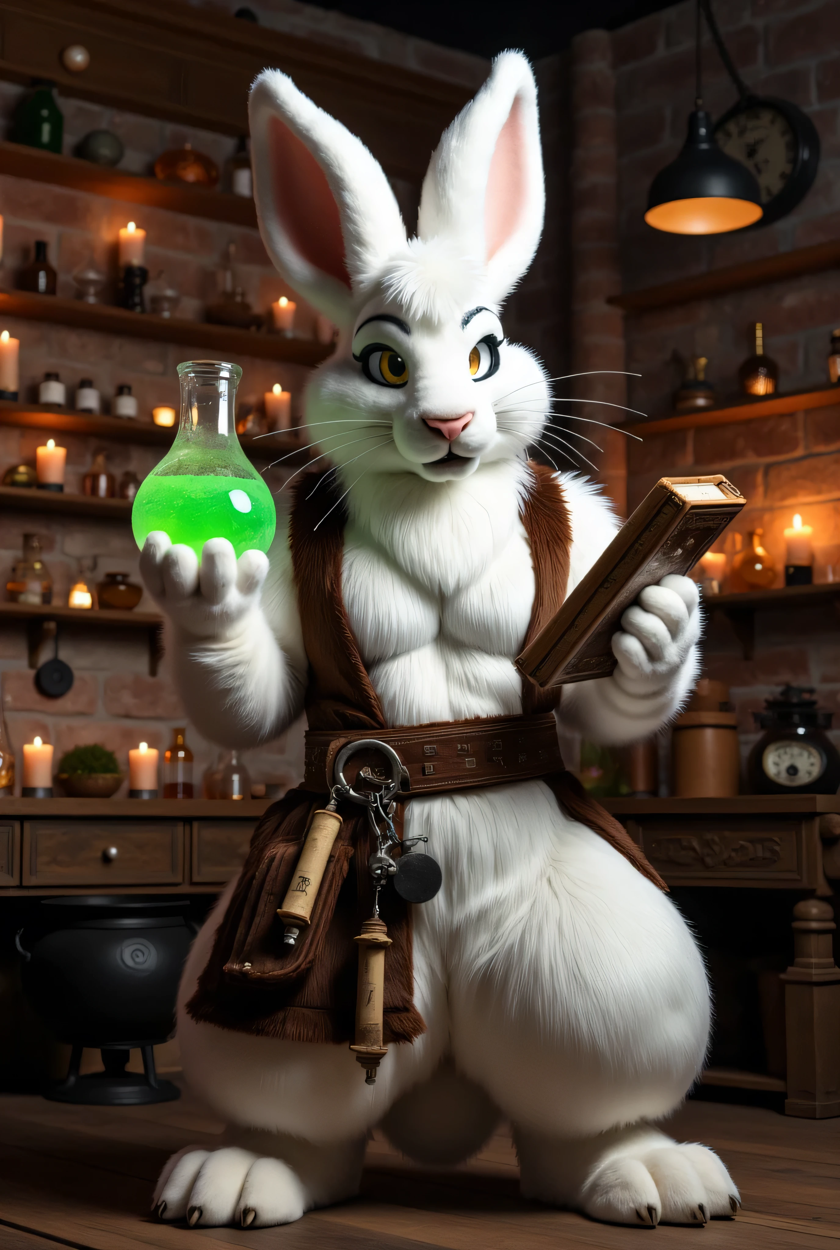 "Anthropomorphic rabbit male, muscular and adult, with snowy white fur and curious golden eyes. He is dressed in a medieval alchemist's robe, adorned with small pouches, vials, and scrolls hanging from his belt. In one hand, he holds a bubbling flask emitting a soft green glow, and in the other, an ancient tome with glowing runes on its cover.  

Background: a medieval apothecary, dimly lit with flickering candles, shelves lined with mysterious ingredients, and a cauldron bubbling in the corner. The rabbit is focused on his experiment, a faint magical aura surrounding him as he mutters incantations.  

Style: ultra-detailed 3D, cinematic realism, hyperrealistic rendering in Ultra HD 8K. The scene captures the intricate details of the rabbit’s fur, the glowing alchemical concoctions, and the mystical, moody atmosphere of the workshop."