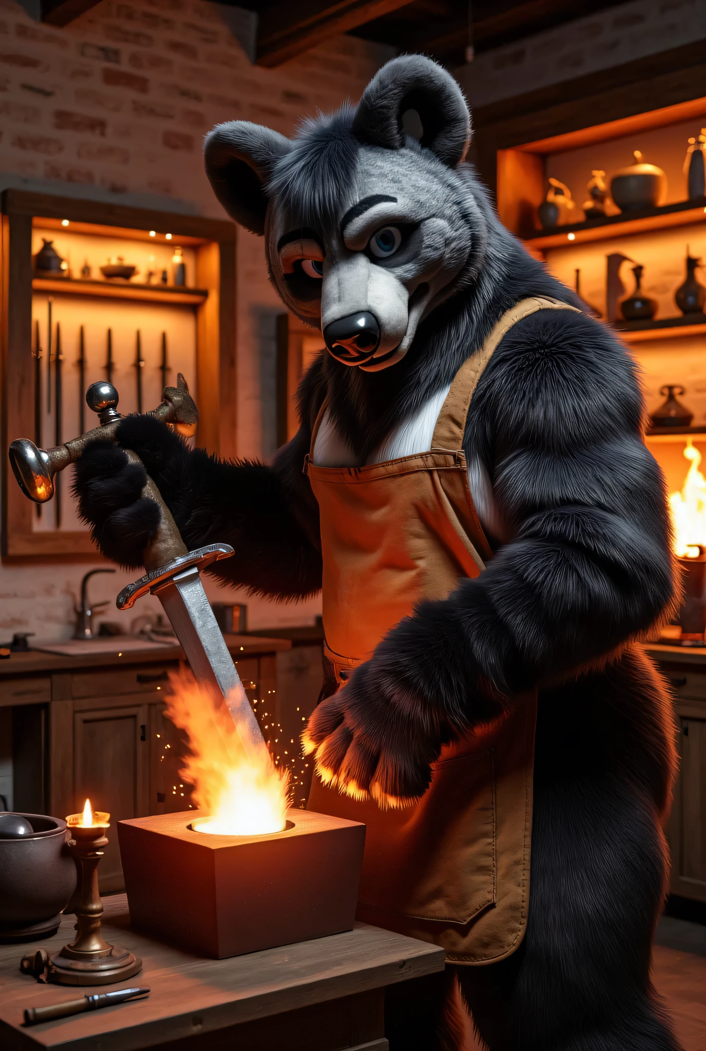 "Anthropomorphic bear male, muscular and adult, with dark gray fur and a heavy build. He is dressed in a blacksmith’s apron, his arms and chest covered in soot and sweat. In one hand, he wields a hammer mid-swing, while the other holds a glowing red-hot sword he’s forging on an anvil. Sparks fly around him as he works tirelessly.  

Background: a medieval smithy, with a roaring forge, tools scattered around, and weapons displayed on the walls. The bear is surrounded by the warm glow of the fire, his powerful figure illuminated as he crafts a masterpiece.  

Style: hyperrealistic 3D, cinematic realism, rendered in Ultra HD 8K. The textures of the fur, the glow of the forge, and the fine details of the weapons and tools add depth to the scene."