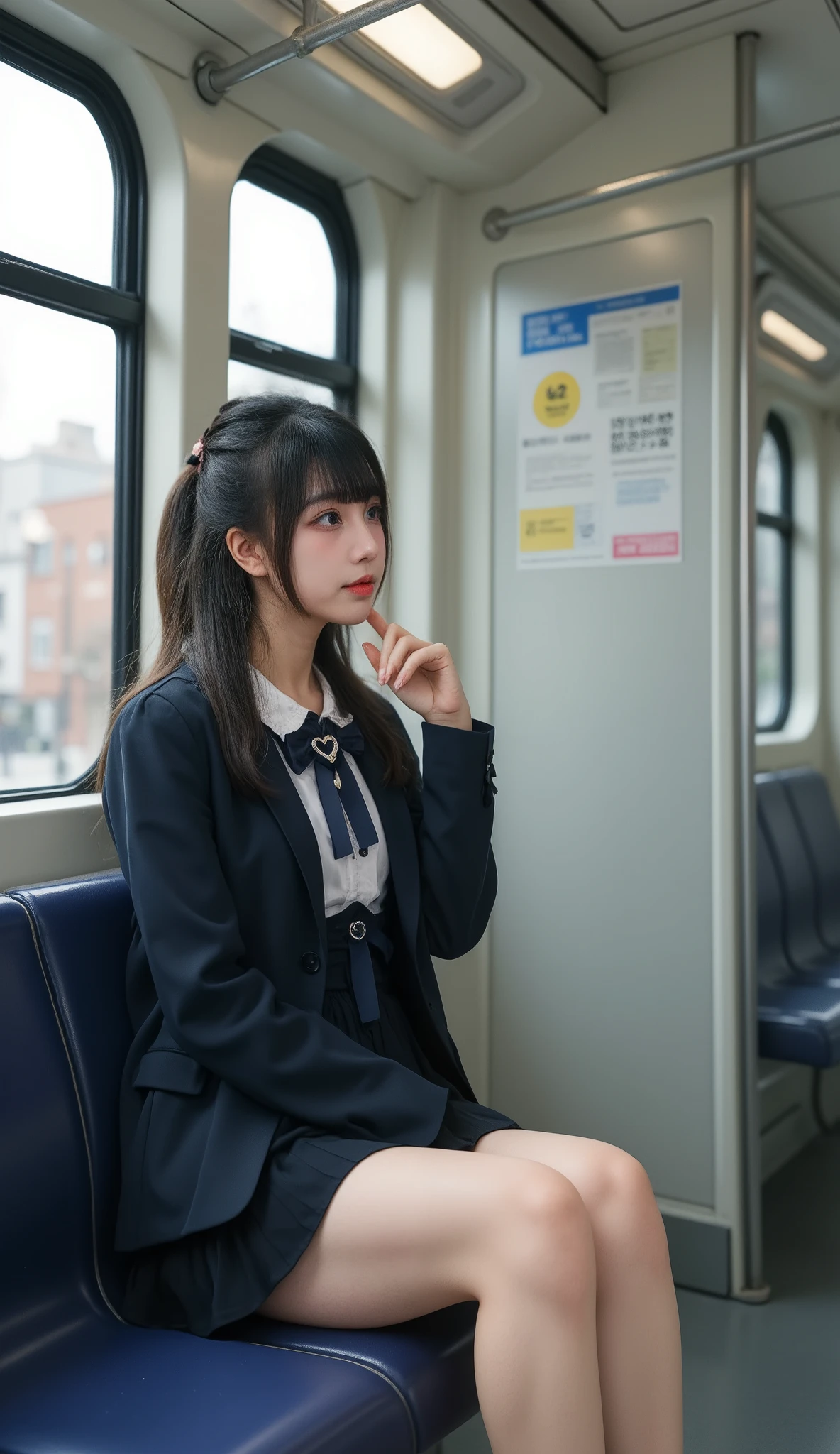 A hyper-realistic, photorealistic depiction of a Japanese high school girl sitting on a train seat. She is wearing a traditional school uniform, including a navy-blue blazer, white shirt, pleated skirt, and a neatly tied ribbon or bow. Her black hair is styled simply, and she looks out of the window with a thoughtful expression. Her thighs are prominently visible, appearing fair, smooth, and slightly emphasized with realistic lighting and texture. The train interior is modern and clean, with metal handrails, overhead advertisements, and soft natural lighting that creates a realistic and authentic atmosphere. The background shows faint glimpses of an urban cityscape through the window, with buildings and trees blurred by motion.