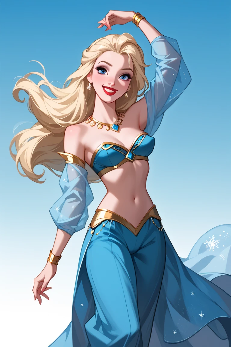 score_9, score_8_up, score_7_up, score_6_up, rating_safe, 1girl, BREAK Disney princess Elsa ,1girl, solo, blonde loose and long hair, thin face, purple eyes, red lips, smiling, fair skin, bottomless, showing pussy, breasts and nipples, slim body, (Elsa detailed exactly as original Disney character), ((Elsa dressed as an arabian exotic dancer, Pastel blue outfit, dancing in a Harem))