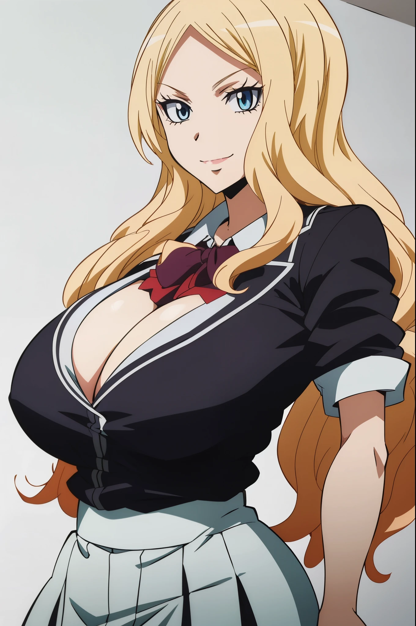 anime screencap, (((huge tits  ))) , masterpiece, best quality, high resolution, 2D, anime cels, best quality, high resolution, 1gir, irina, ((white bussinesman uniform)), white background, long curly hair,  blonde, smile, looking away