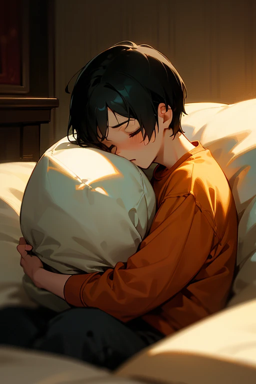 Close-up of a naked boy wearing a red apron sleeping with a bear,Short black hair,wonderful,The moonlight is beautiful in the middle of the night、Based on yellow、slightly muscular