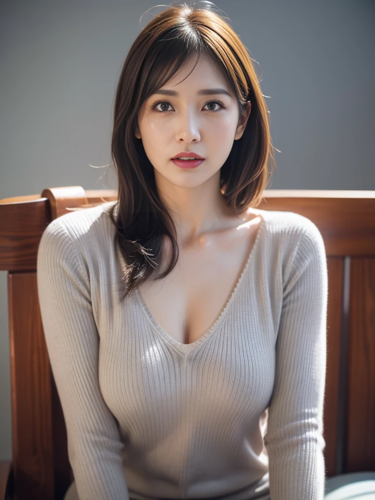 High resolution, masterpiece, Irritated skin, Very detailed, Photorealistic, Professional Lighting, Written boundary depth, sharp, (Gray background), (Front view：1.2),(Japanese Mature, 38 year old women are sexy:1.0), Detailed face, Beautiful Eyes, bangs, Shapely large breasts, Light brown straight hair, Faint lips, (Catch Eye:1.3),((Stand in front、Look at the audience, Serious face eyes,)), (Ultra-thin sweater:1.2), theta, Full body photo, Cowboy Shot、 Big Breasts 、Nipples、 facing the front、Red lipstick、(( crying with tears )), wide open chest 、 cute woman sitting、