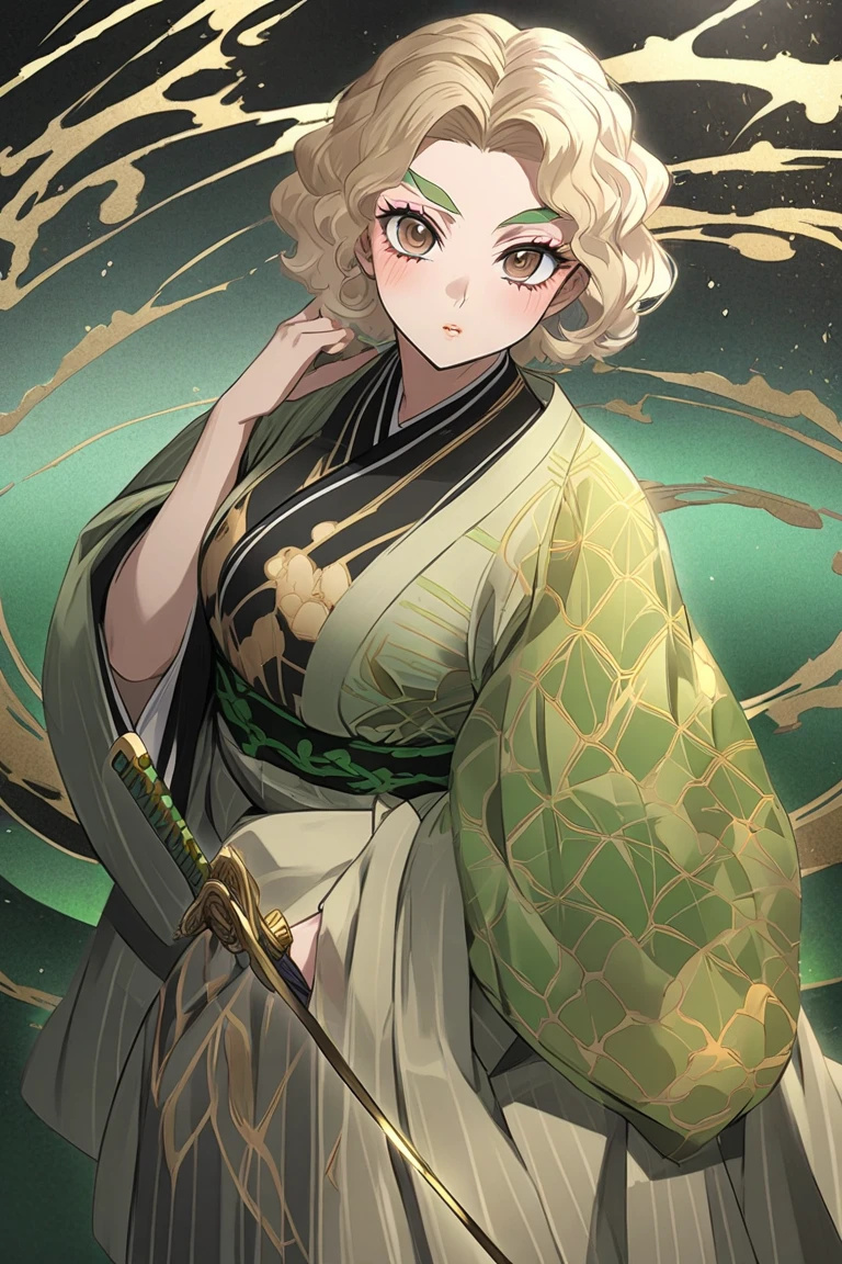 play an adult mother who was once a hashira from the anime Kimetsu no Yaiba in the past she is blonde, brown eyes, wore a black kimono with green the breath of time and in addition wore a golden katana.