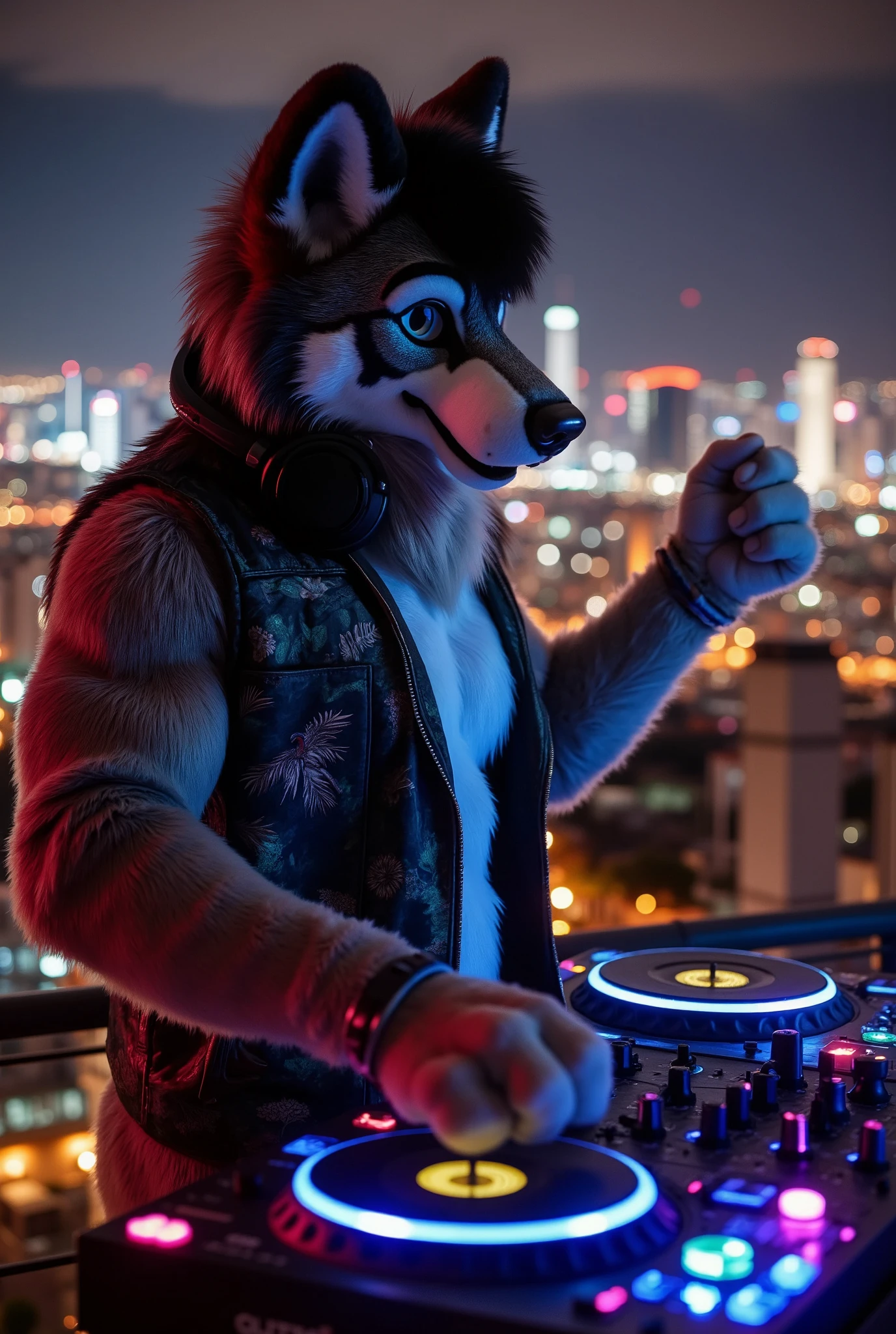 "Anthropomorphic wolf male, muscular and adult, with dark gray fur and bright blue eyes. He’s dressed in a modern Brazilian DJ outfit: a tight-fitting shirt with tropical patterns, a leather jacket, and headphones hanging around his neck. He’s behind a DJ booth, adjusting the turntables with one paw while pumping his fist in the air with the other.  

Background: a favela rooftop overlooking the Rio de Janeiro skyline at night, with neon lights, a crowd of people dancing, and the city lights twinkling below. The wolf’s intense energy and rhythm drive the party, creating a powerful atmosphere.  

Style: hyperrealistic 3D, cinematic realism, rendered in Ultra HD 8K. The glow from the DJ booth’s lights contrasts with the shadows of the favela, highlighting the wolf’s movements and the electrifying vibe of the party."