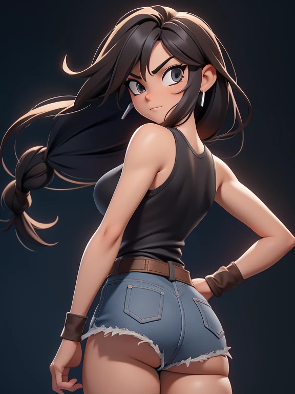 score_9, source_cartoon, best quality, high resolution, unity 8k wallpaper, 1girl, solo, Taiwanese woman, long hair, big breasts, (Wearing: Tight Black tank-top, brown leather belt with a silver buckle, denim booty shorts)
