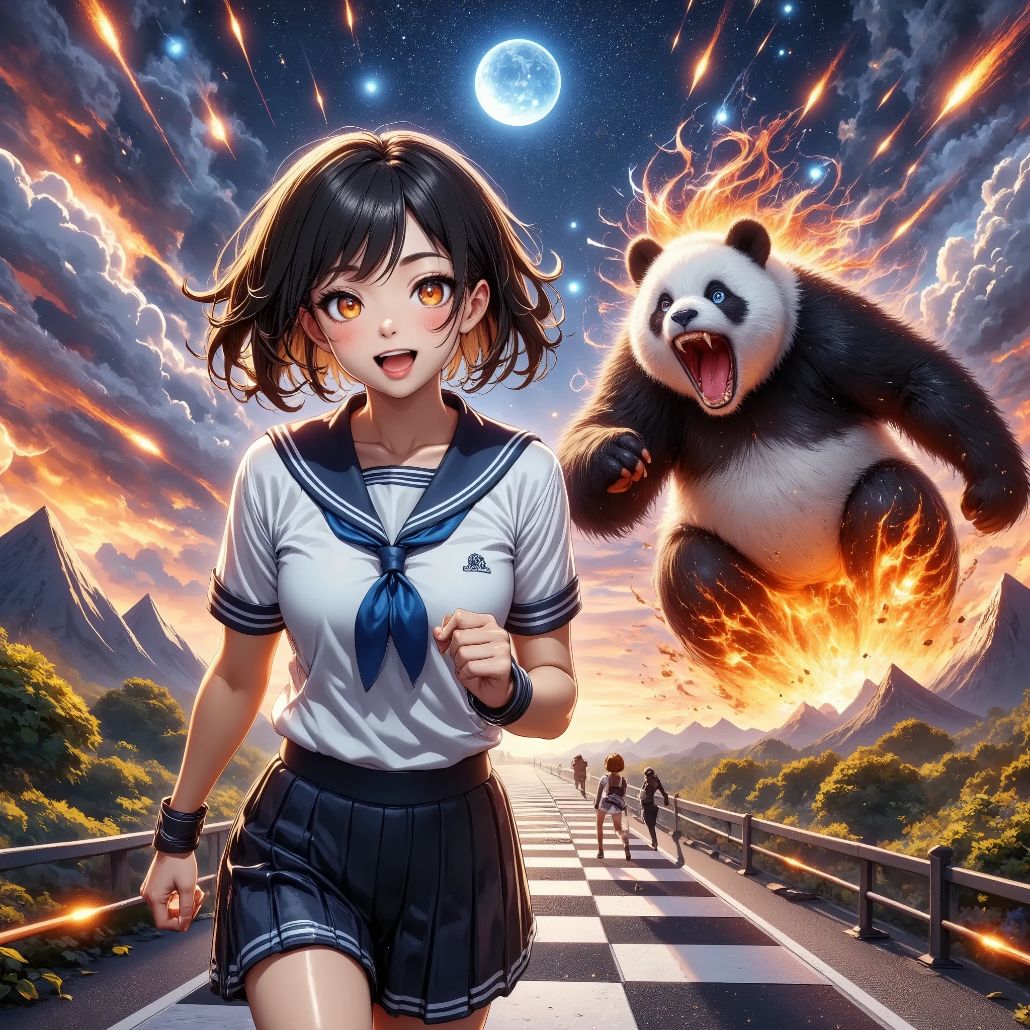 ( sailor suit,  pleated skirt,  ponytail, Knuckle Guard, JK), man-eating panda, Attractive aesthetics,  vibrant colors ,  High Quality , 8k,  super detailed,  beautiful CG illustration.