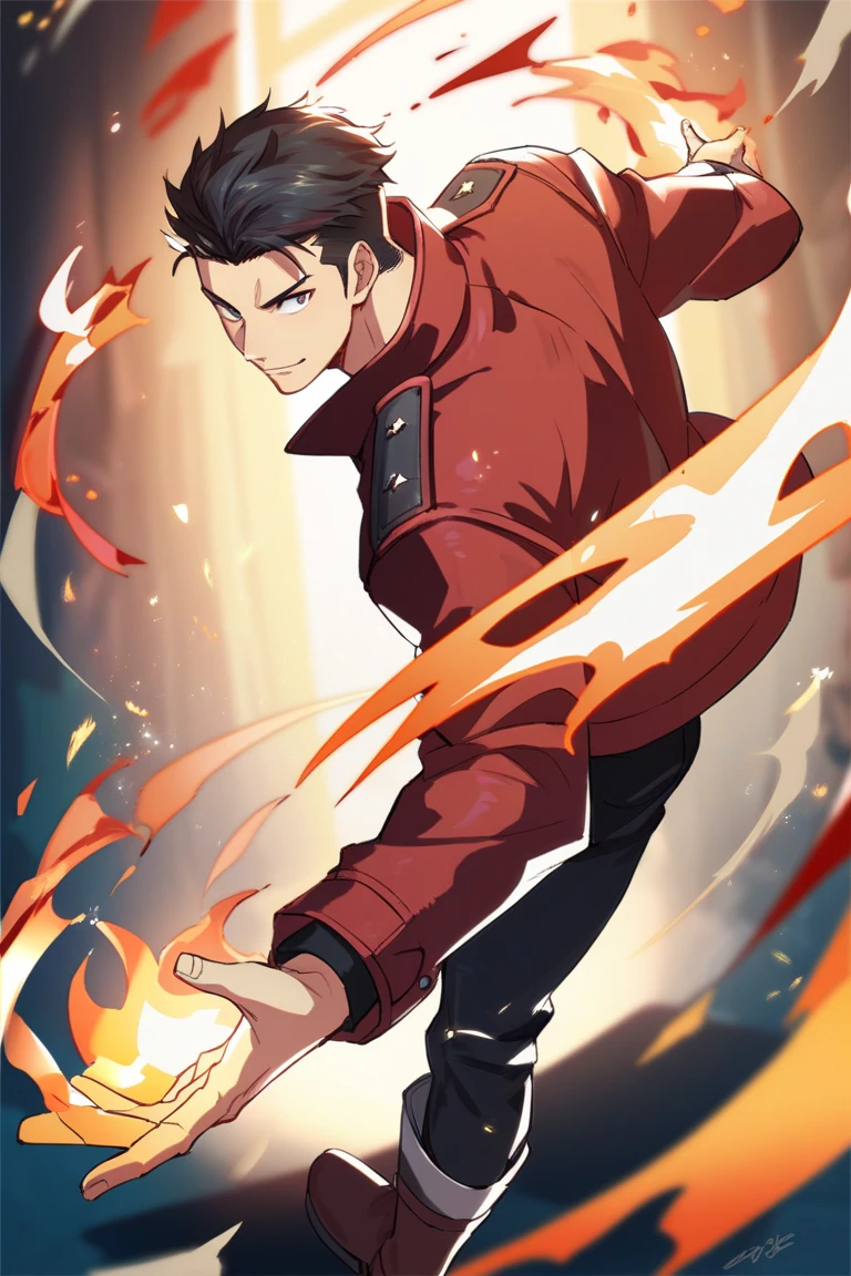 Anime. 1 boy, 24 years old, black hair, very short hair, red jacket, black clothes, boots, fire power, pyrokinesis