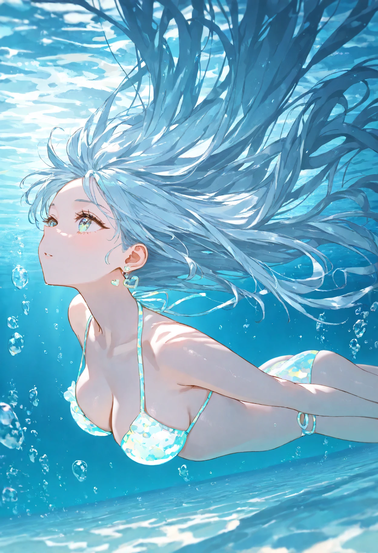 Create an image of someone emerging from the water, taking a breath after being underwater