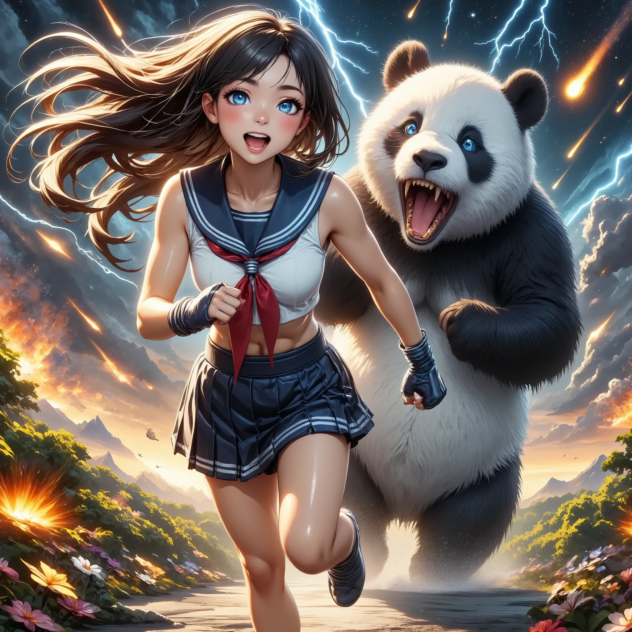 ( sailor suit,  pleated skirt,  ponytail, Knuckle Guard, JK), man-eating panda, Attractive aesthetics,  vibrant colors ,  High Quality , 8k,  super detailed,  beautiful CG illustration.