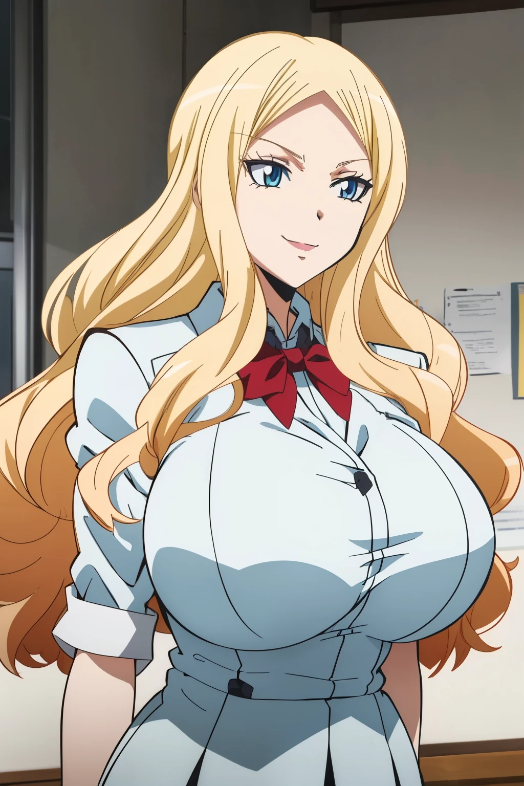 anime screencap, (((huge tits  ))) , masterpiece, best quality, high resolution, 2D, anime cels, best quality, high resolution, 1gir, irina, ((white bussinesman uniform)), white background, long curly hair,  blonde, smile, looking away