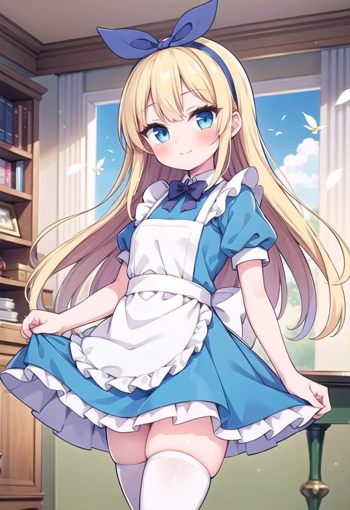 1girl, solo, masterpiece, best quality, good hands, blush, blue dress, blonde hair, alice, apron, puffy short sleeves, white apron, blue eyes, very long hair, bow hairband, white thighhighs, smile, closed mouth, bowtie, aliceinwonderlandoutfit