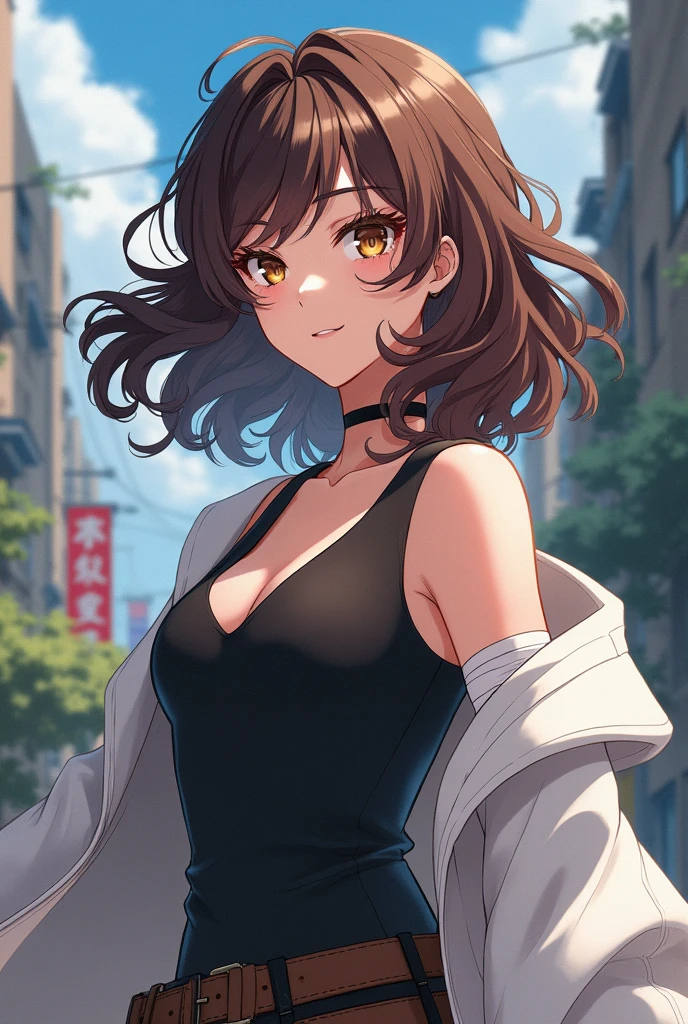 RAW photos, camera gaze, ((top quality, 8k, masterpiece: 1.3)), sharp focus: 1.2, coloured cropped tank top, pretty features, best smile, cute smile, beautiful woman in perfect style: 1.4, slender abs: 1.2, dark brown hair, (natural light, city street: 1.1), highly detailed face and skin texture, detailed eyes, No panties. Naked waist down