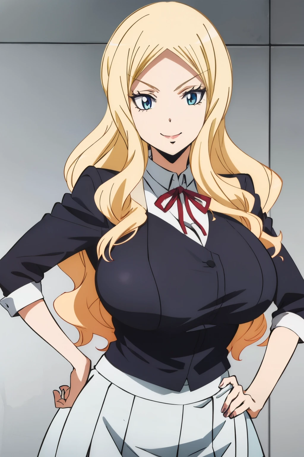 anime screencap, (((huge tits  ))) , upperbody, hands on hip, masterpiece, best quality, high resolution, 2D, anime cels, best quality, high resolution, 1girl, irina, ((white bussinesman uniform)), white background, long curly hair,  blonde, smile, looking away