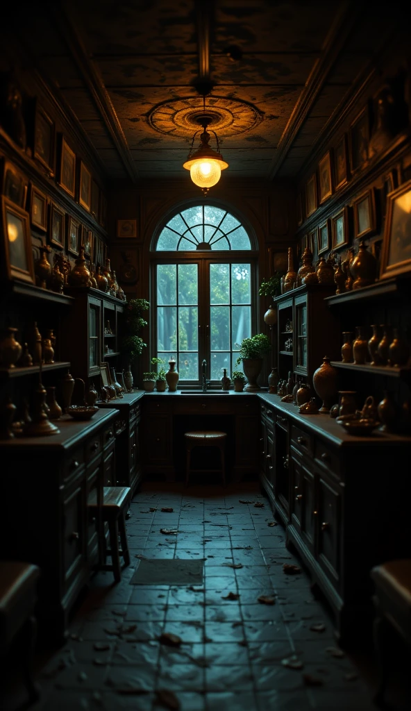 A dark antique shop, surrounded by valuable items, with a gloomy atmosphere and a yellowish light in the center, with no one in the antique shop, I want to make only the empty store with an air of mystery,The room is even darker with mystery involved