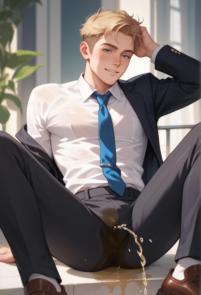 best quality, masterpiece, nude handsome man with medium length curtain hairstyle, skinny build, cute face, glasses, black suit, exposed torso, embarrassed expression, sucks his own two fingers, bushy pubic hair, small flaccid uncut penis, excessive dripping precum, loose tie around his neck, sits on table in dimly lit luxurious office, at night, backlight, cinematic lighting, dramatic shadows