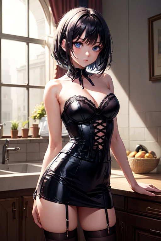 masterpiece, highest quality, anime, (enlightenment), (High resolution), (8K), (very detailed), (beautiful and fine eyes), (highest quality), (super detailed), (masterpiece), (wallpaper), (detailed face), close-up, (seductive smile), (smirk), (looking at viewer), ((parted lips)),solo,(black leather bra:1.1), large breasts, ((cleavage)), ((highleg leather thong)),(camel toe), ultimate beautiful milf, (Kurokawa Akane), (bangs), (green eyes:1.2), ((medium hair)), bob cut, (((straight hair))), dark blue hair, collarbone, ((((Victorian black leather corset)))), ((garter belt)), ((garter straps)), (gothic necklace),sleeveless,((((black latex elbow gloves)))), (((jet-black latex))), bottomless, ((lace-trimmed thigh highs)), ((hands on own head)), (showing own armpit), ((armpit)), spread legs with standing, ((((dark classroom)))), from below, ((front view)),