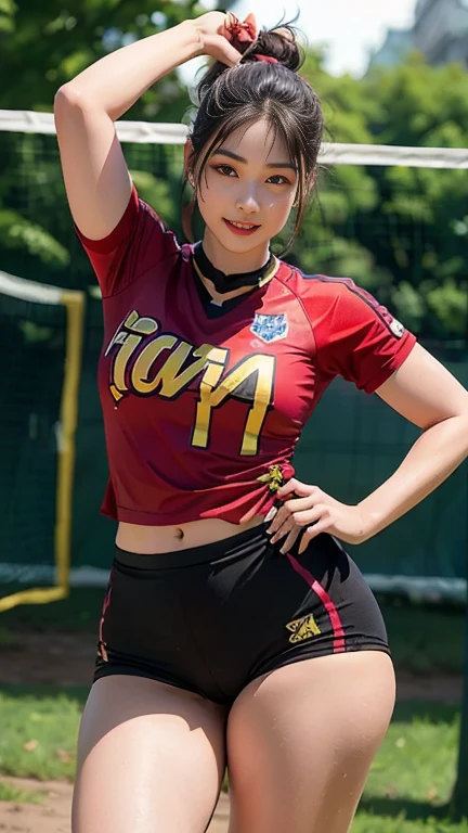 masterpiece, best quality, ultra high res,(photo realistic:1.4) (depth of field),(Lens Glow) , Sony α7, 35mm, f1.8, ((high detailed face, high detailed eyes, white fair skin, Bend forward and stick out her buttocks ,wide hips,

an image of a single female volleyball player from the team. She is wearing a tight-fitting volleyball uniform in a vibrant red color. She is standing inside a gymnasium, with a bright smile on her face. Despite being tall, she has a natural and youthful appearance, with a cute *********. Her hair is styled in a sporty short cut, adding to her energetic aura. Her attractive thighs are a notable feature. This image captures the combination of her tall stature, cute facial features, and the allure of her captivating thighs.

portrait of japanese famous actress)),