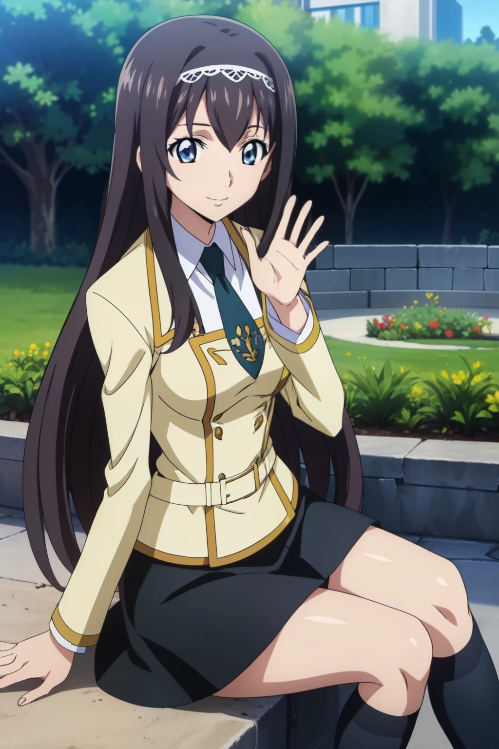  from side, 1 girl, cute, black hair, long hair, ((hair band)), (smile), (School Uniform, black skirt, knee socks), (sitting and waving widely toward viewer), (In the garden), (anime cels style, Masterpiece, best quality, high resolution, anime colored, megami magazine:1.2, anime poster style, anime keyvisual, sharp, 8k, photorealistic), beautiful blue eyes, (perfect anatomy, perfect hand)