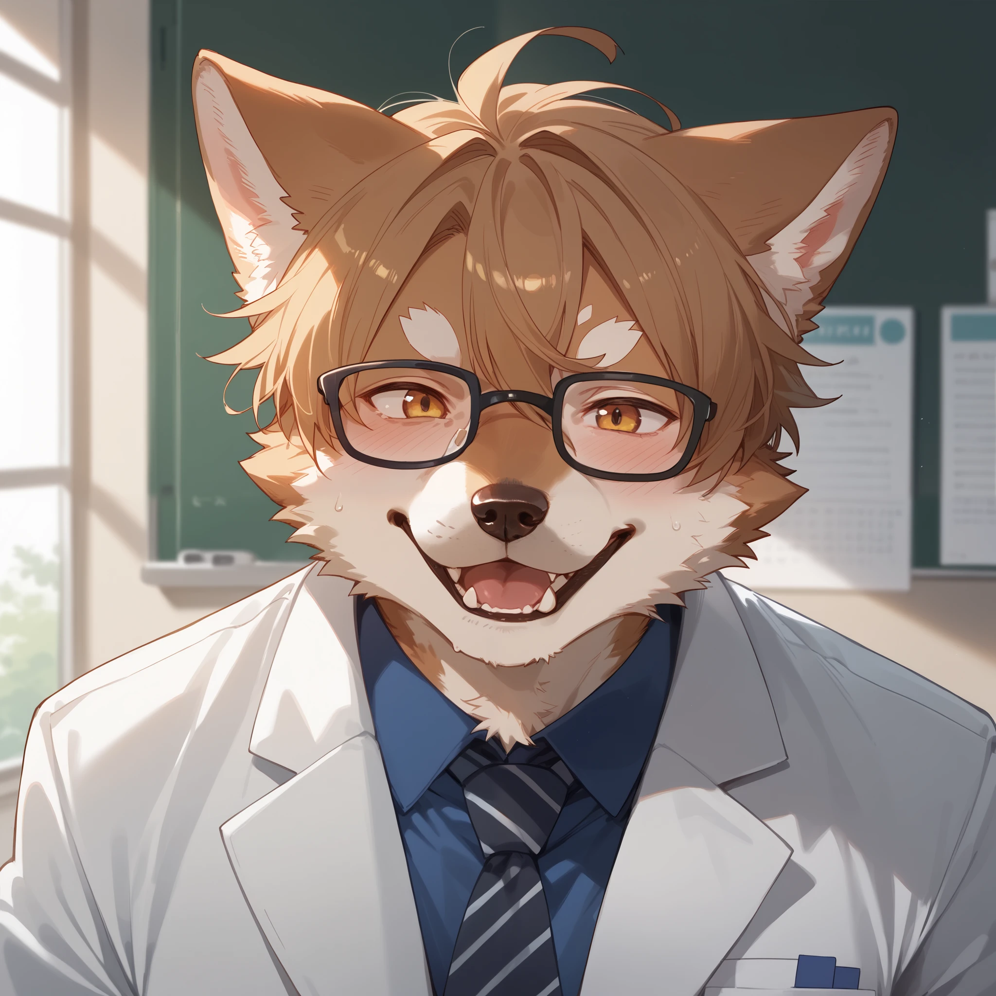 score_9, score_8_up, score_7_up, score_6_up, score_5_up, score_4_up, source_furry, hires, masterpiece(angelic handsome 1boy, kemono, solo focus, single, Smiling embarrassedly, glasses)furry anthro, Furry body, dog facial features, dog body features)Handouts, college professor, Dirty lab coat, class, Difficult formulas, white board,