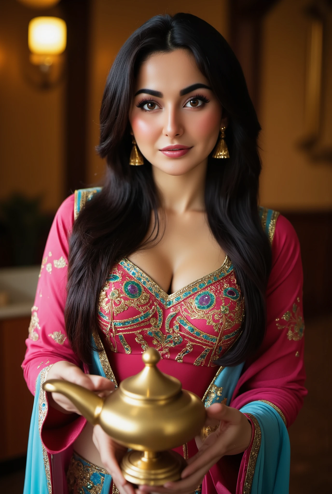  busty Pakistani (Hania Amir),(big breasts), extreme close-up, portrait, ultra realistic, photography, long black straight hair, elegant hair, (30 years old, hazel eyes, hourglass figure, perfect fit body, natural big breasts), femme fatale, Princess jasmine costume, oriental background, holding the magic lamp from aladdin, rubbing the magic lamp from aladdin