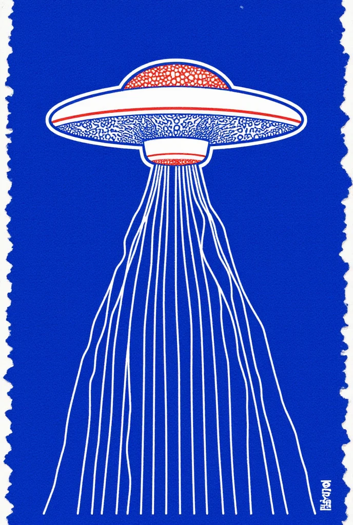  has an illustration of a UFO with white lines on a blue background,  blotter art ,  INDIGO OCTICAL PATTERN ,  SILKSCREEN PRINT ,   SYMMETRIC DIE CUT STICKER  ,  very detailedなパネルカット, tile, Symmetrical sticker design ,  Silicone Patch Design , BLUE - PRINT , シルク SCREEN PRINT  ,  SCREEN PRINT ,  Ultra High Definition,  very detailed,  high detail, Red as an additional color