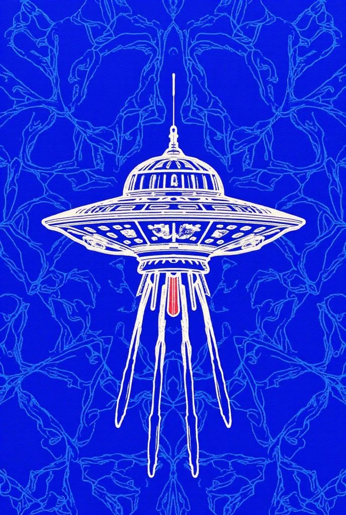  has an illustration of a UFO with white lines on a blue background,  blotter art ,  INDIGO OCTICAL PATTERN ,  SILKSCREEN PRINT ,   SYMMETRIC DIE CUT STICKER  ,  very detailedなパネルカット, tile, Symmetrical sticker design ,  Silicone Patch Design , BLUE - PRINT , シルク SCREEN PRINT  ,  SCREEN PRINT ,  Ultra High Definition,  very detailed,  high detail, Red as an additional color