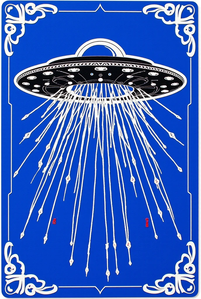  has an illustration of a UFO with white lines on a blue background,  blotter art ,  INDIGO OCTICAL PATTERN ,  SILKSCREEN PRINT ,   SYMMETRIC DIE CUT STICKER  ,  very detailedなパネルカット, tile, Symmetrical sticker design ,  Silicone Patch Design , BLUE - PRINT , シルク SCREEN PRINT  ,  SCREEN PRINT ,  Ultra High Definition,  very detailed,  high detail, Red as an additional color