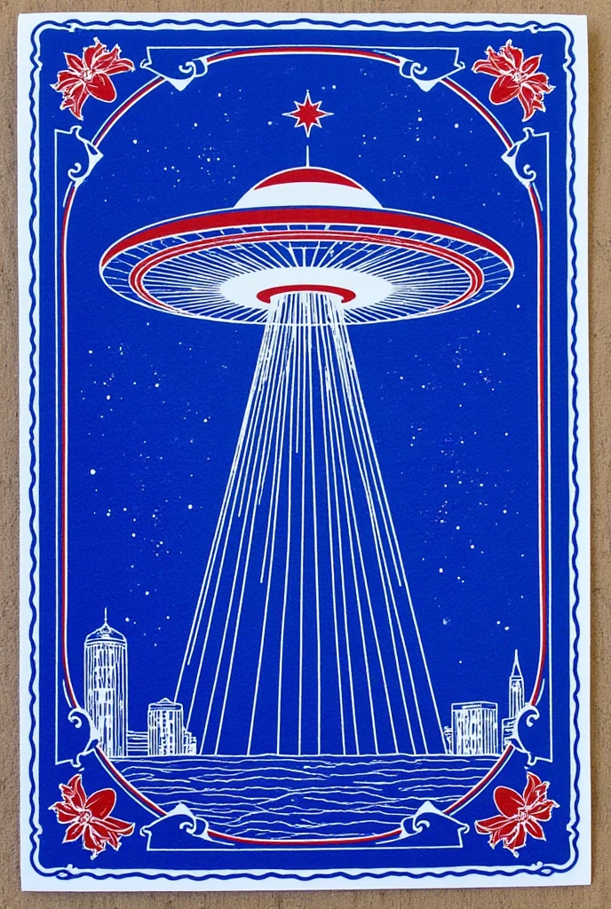  has an illustration of a UFO with white lines on a blue background,  blotter art ,  INDIGO OCTICAL PATTERN ,  SILKSCREEN PRINT ,   SYMMETRIC DIE CUT STICKER  ,  very detailedなパネルカット, tile, Symmetrical sticker design ,  Silicone Patch Design , BLUE - PRINT , シルク SCREEN PRINT  ,  SCREEN PRINT ,  Ultra High Definition,  very detailed,  high detail, Red as an additional color