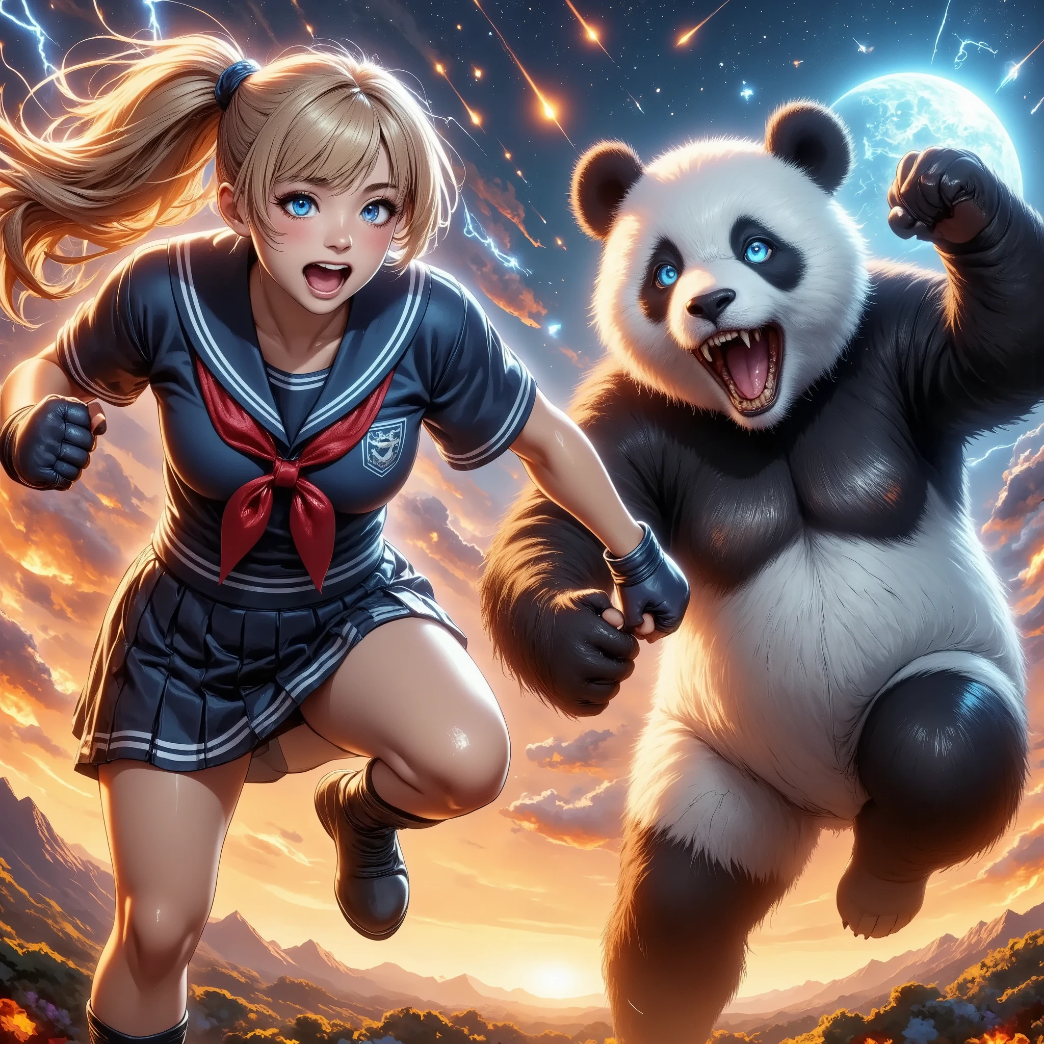 ( sailor suit,  pleated skirt,  ponytail, Knuckle Guard, JK), man-eating panda, Attractive aesthetics,  vibrant colors ,  High Quality , 8k,  super detailed,  beautiful CG illustration.